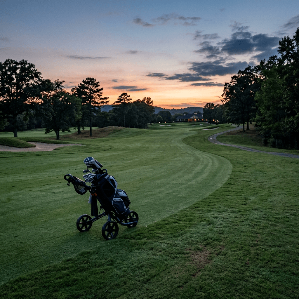 Golf bag on push cart on green fairway with sunset sky